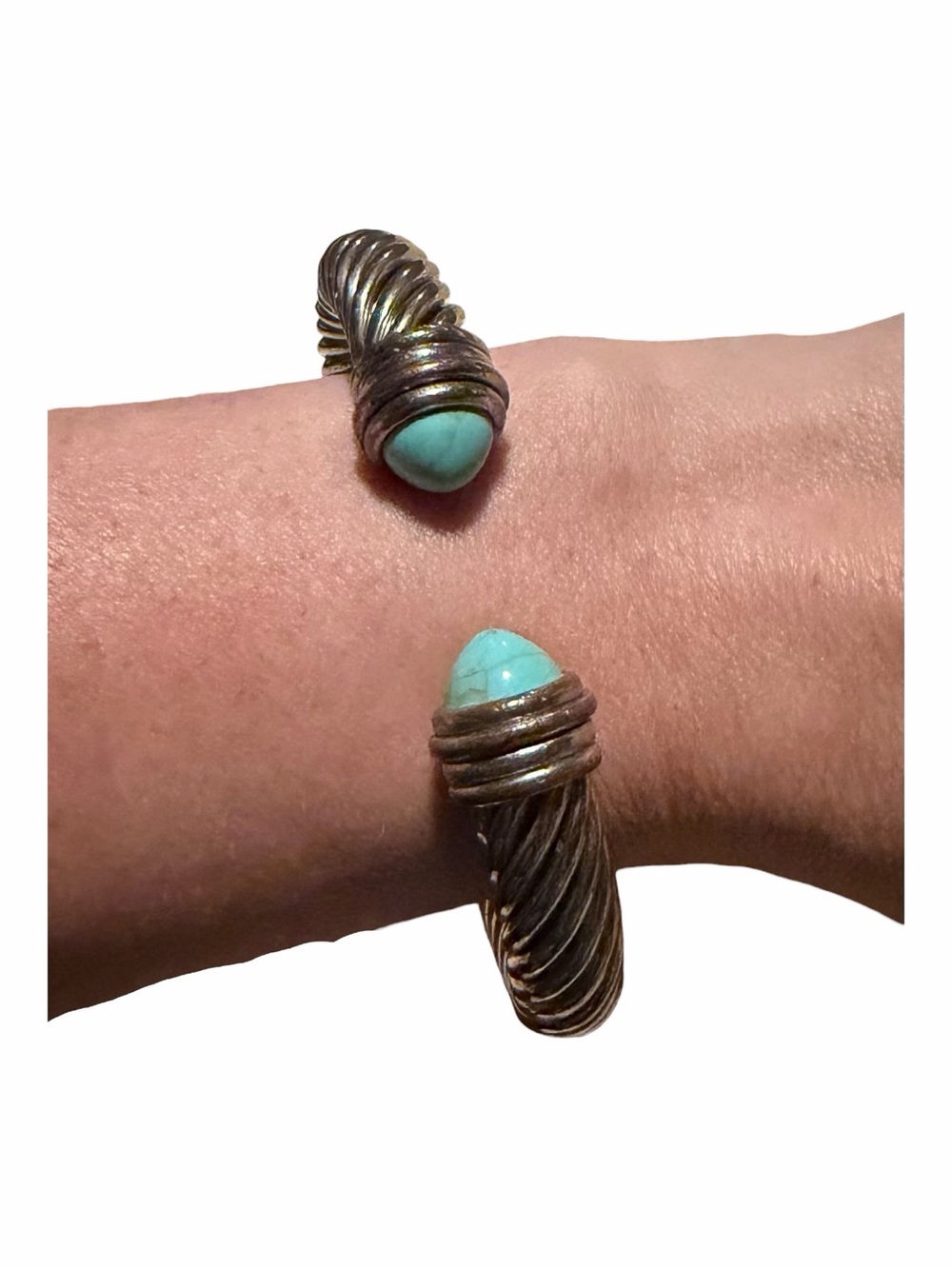 Turquoise Accent Twisted Cable Open Hinge Cuff Bracelet